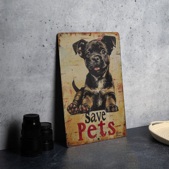 a sign that says save pets with a picture of a dog