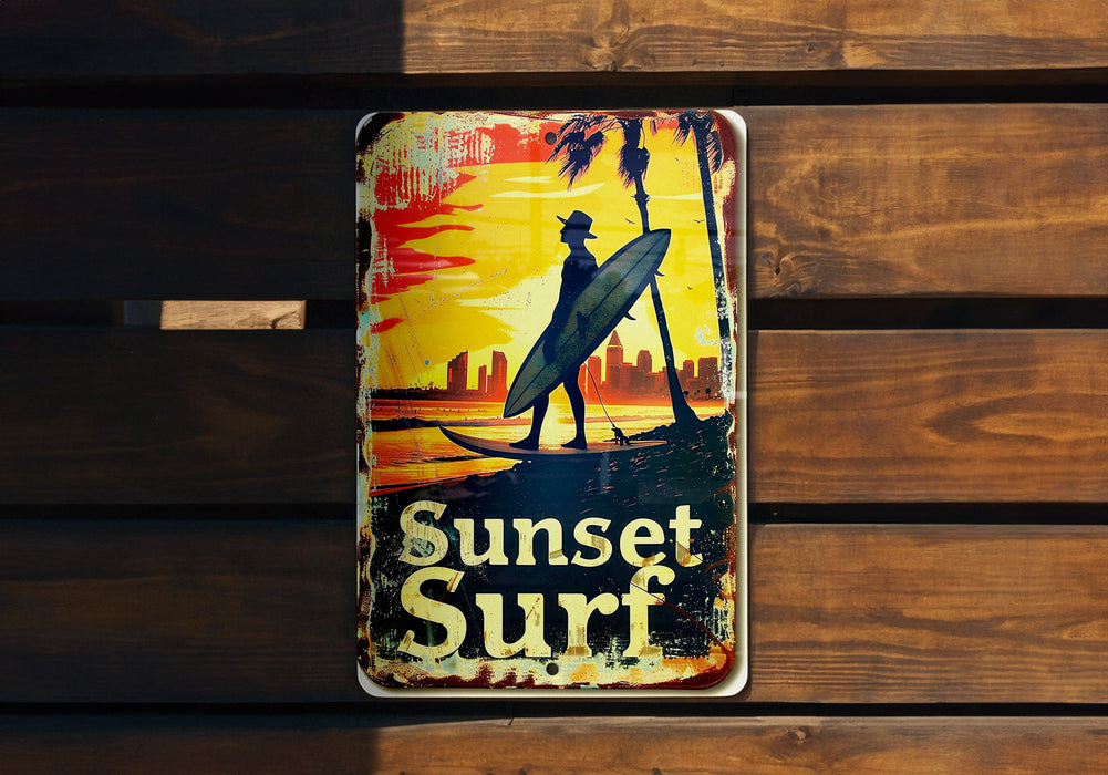 a tin sign that says sunset surf on a wooden wall