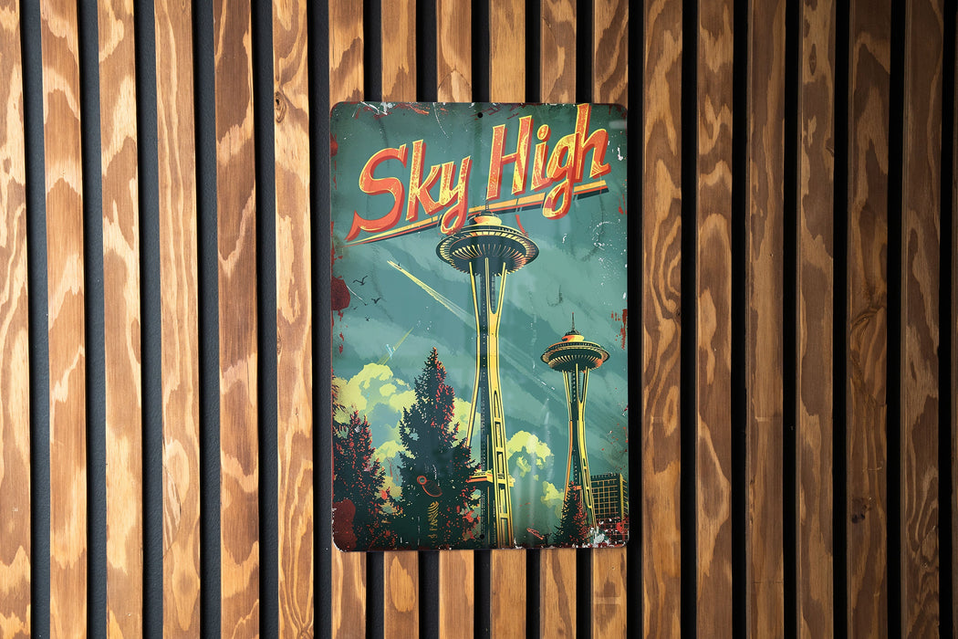a sign on a wooden wall that says sky high