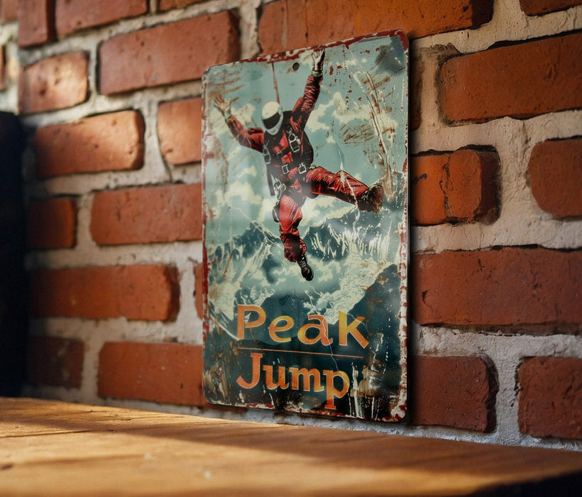 a sign on a brick wall that says peak jump