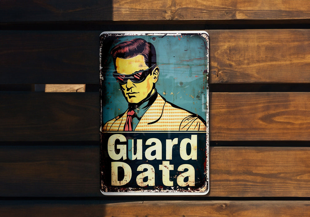 a metal sign with a picture of a man wearing sunglasses