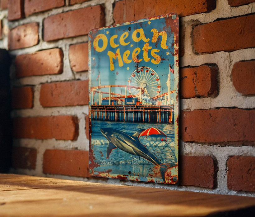 a sign on a brick wall that says ocean meets