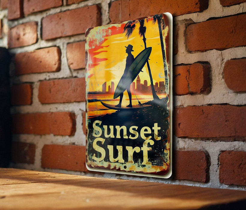 a sign on a brick wall that says sunset surf