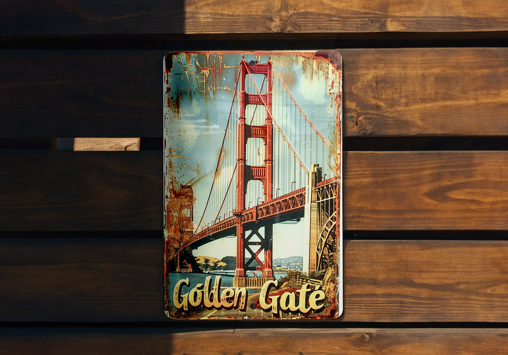 a picture of a golden gate sign on a wooden bench