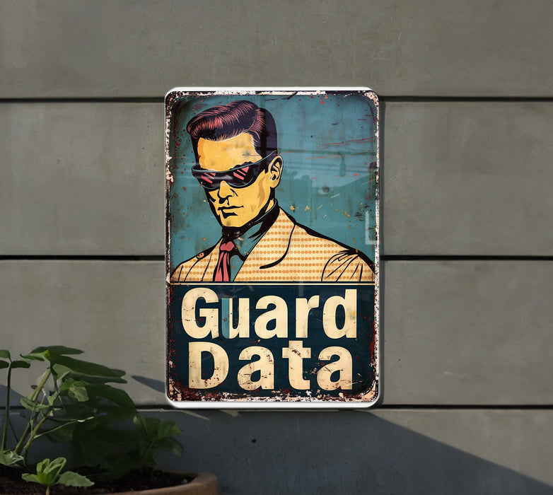 a metal sign with a picture of a man wearing sunglasses