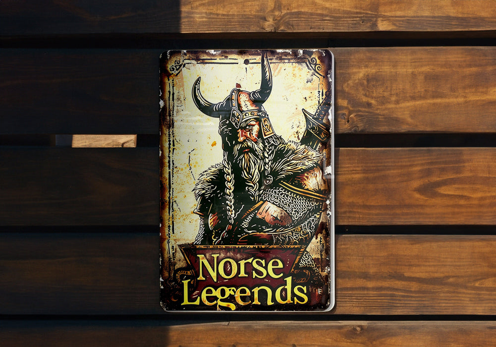 a metal sign with a picture of a viking on it