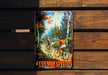 a picture of two people riding bikes on a wooden bench