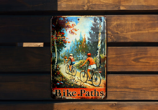 a picture of two people riding bikes on a wooden bench