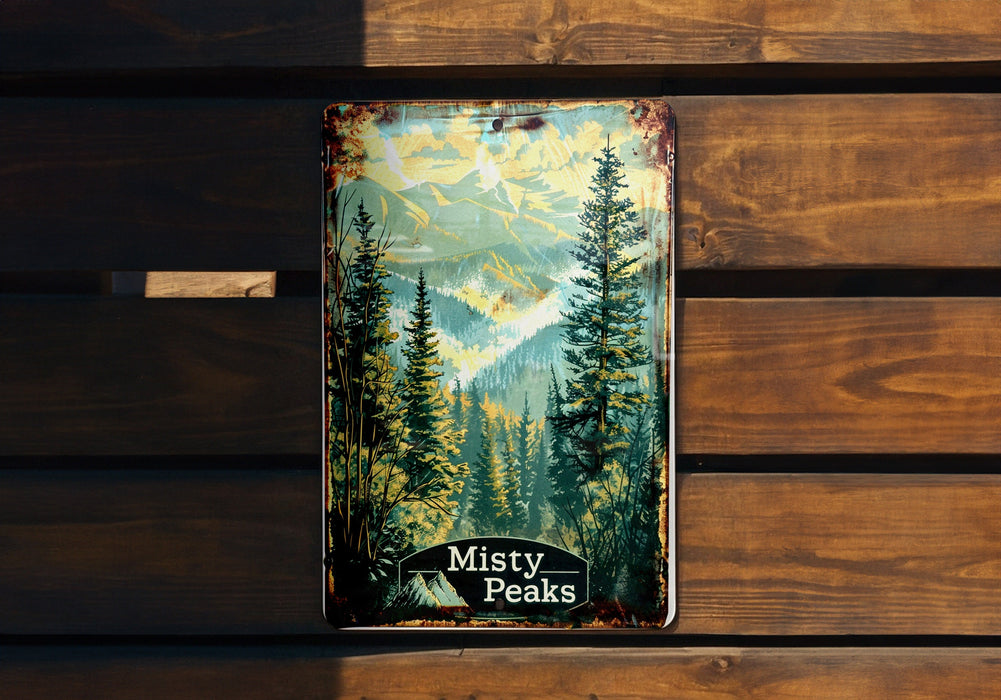 a picture of a mountain scene on a wooden bench