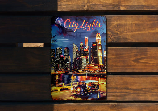 a picture of a city lights book on a bench