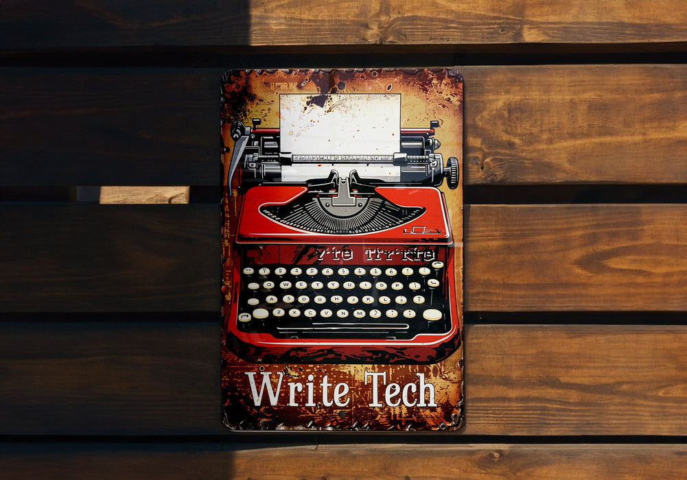 a red and black typewriter sitting on top of a wooden bench