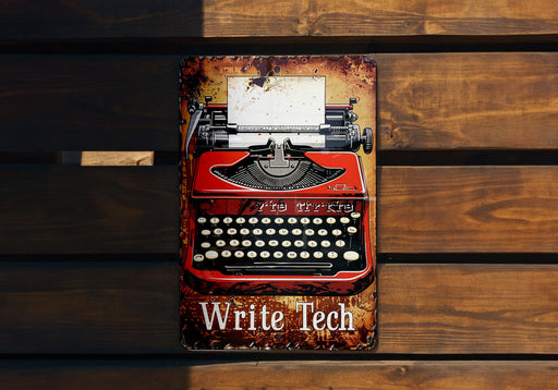 a red and black typewriter sitting on top of a wooden bench