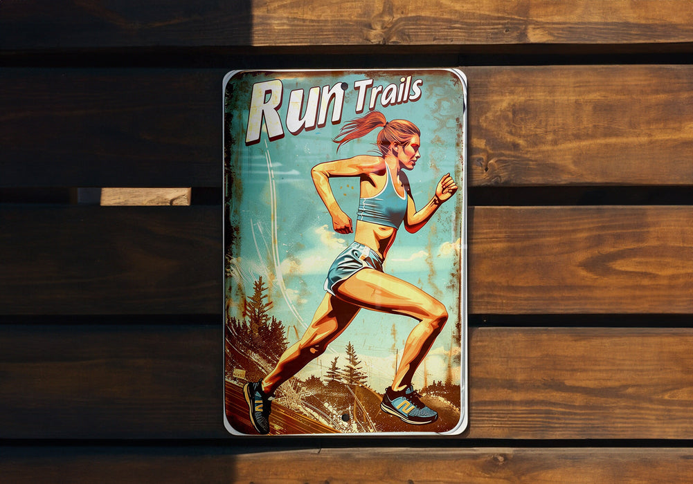 a metal sign with a woman running on it
