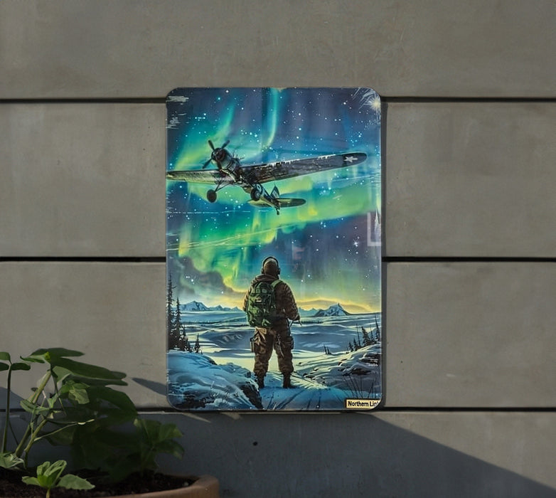 a painting of a man standing in front of an airplane