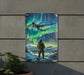 a painting of a man standing in front of an airplane