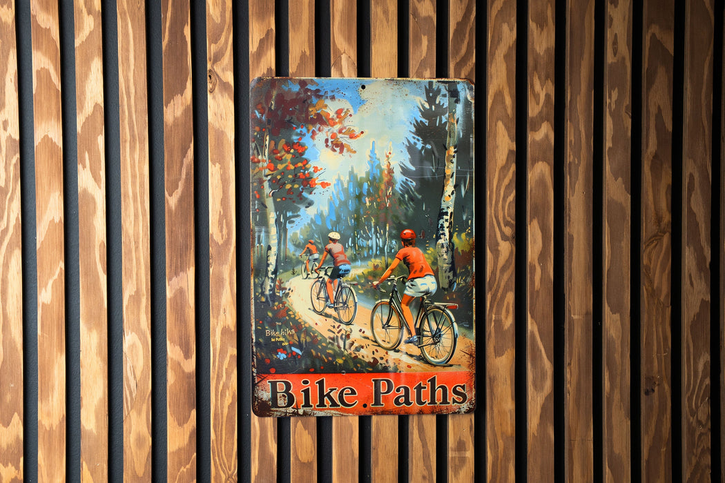 a painting of two people riding bikes on a wooden wall