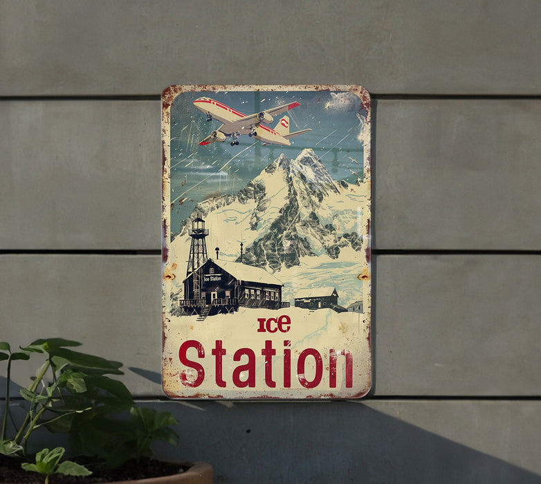 a sign on the side of a building that says ice station