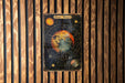 a wooden wall with a picture of the earth on it