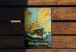 a wooden bench with a painting of a ship on it