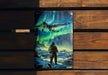 a painting of a man standing in front of an airplane