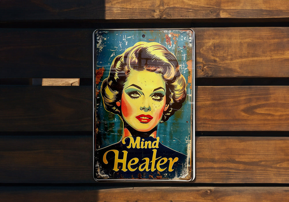 a metal sign with a woman's face painted on it