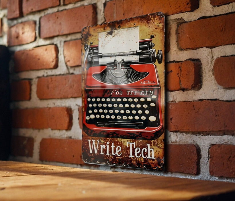 a red and black typewriter on a brick wall
