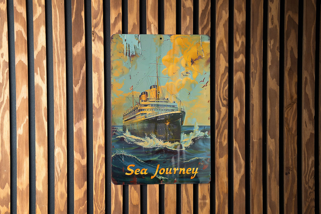 a painting of a ship on a wooden wall