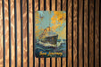 a painting of a ship on a wooden wall