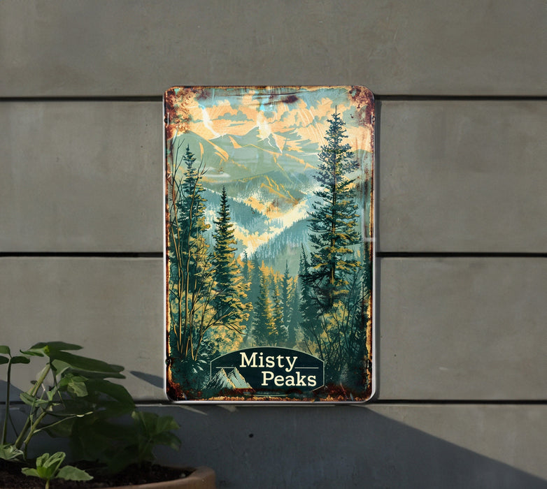 a sign on a wall that says misty peaks