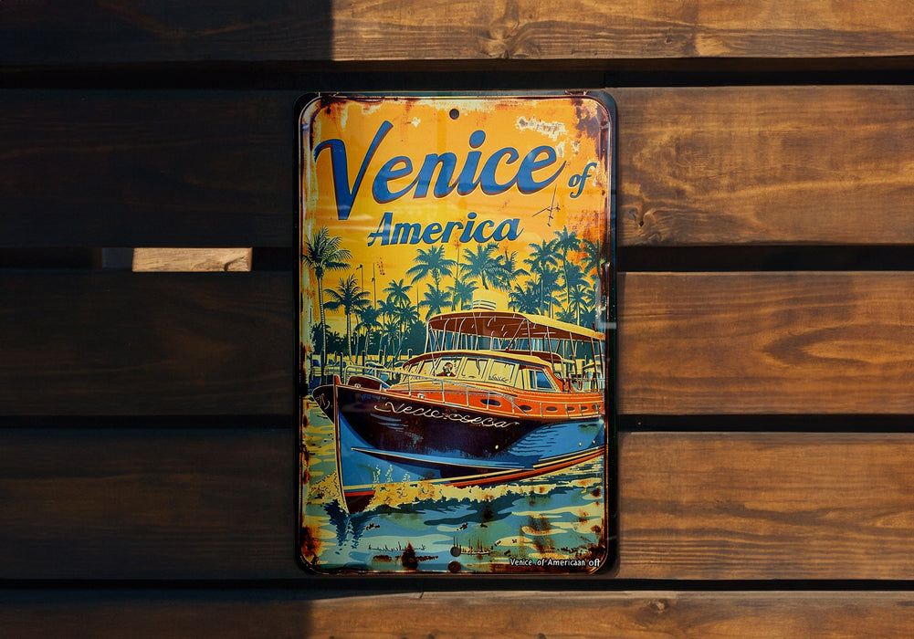 a sign on a wooden wall that says venice america