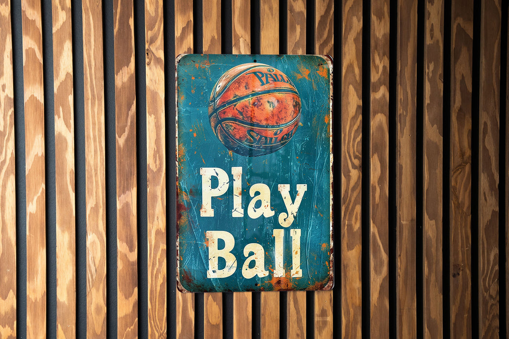 a sign on a wooden wall that says play ball