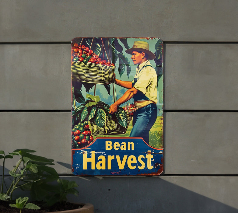 a sign on the side of a building that says bean harvest