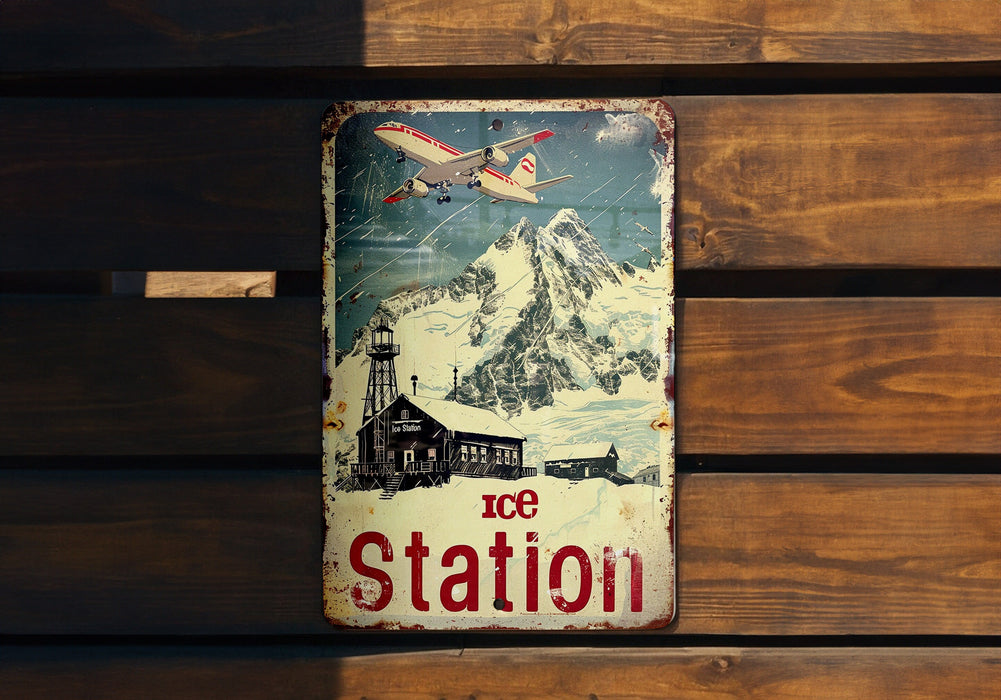 a metal sign on a wooden wall that says ice station