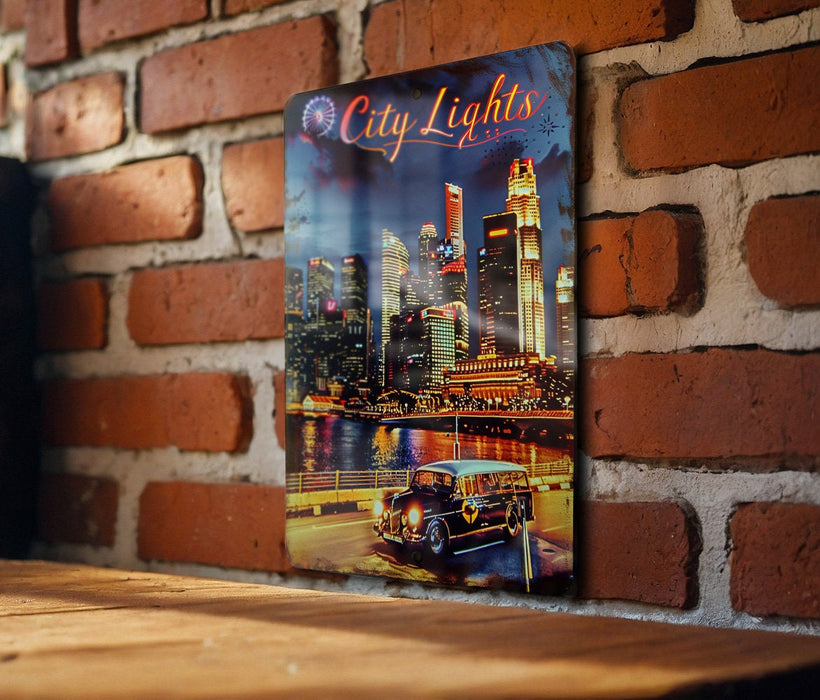 a picture of a city lights on a brick wall