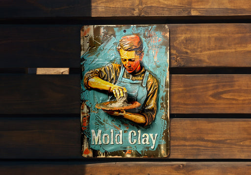 a sign on a wooden wall that says mold clay