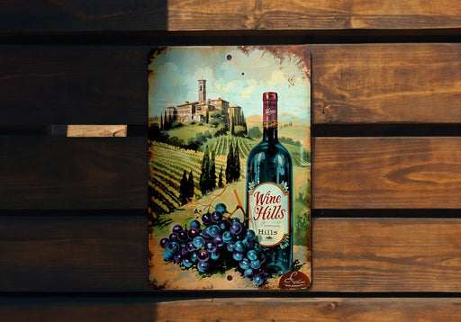 a bottle of wine sitting on top of a wooden bench