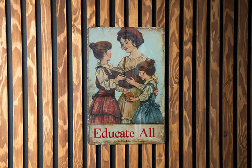 a sign on a wooden wall that says education all