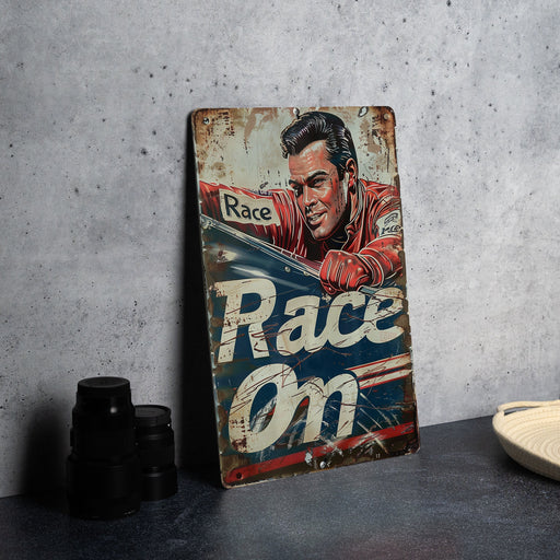 a picture of a man on a race sign