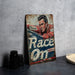 a picture of a man on a race sign