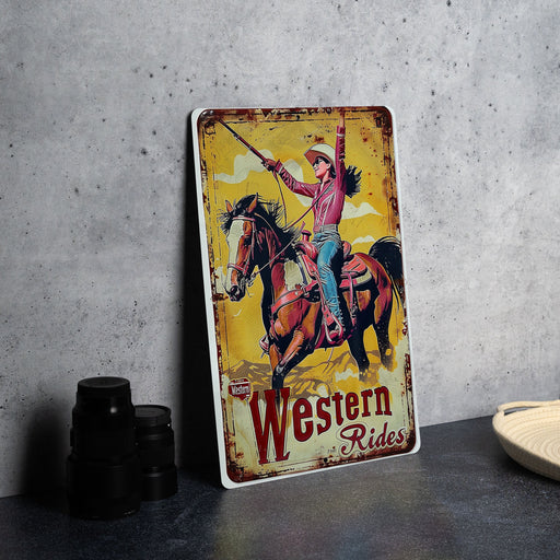 a western rodeo sign sitting on top of a table