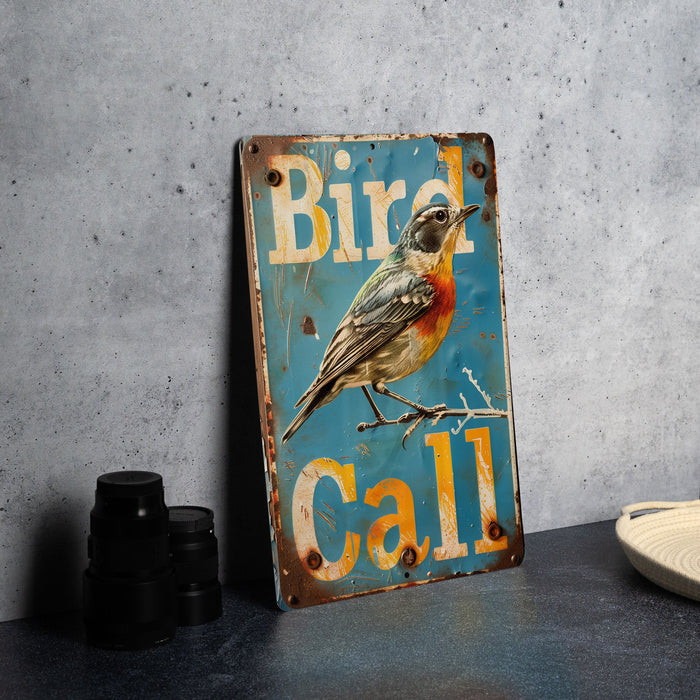 a bird sign sitting on top of a table
