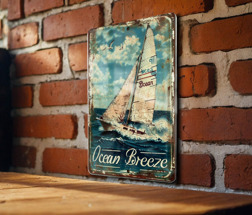 a picture of a sailboat on a sign on a brick wall