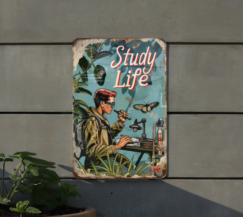 a sign on the side of a building that says study life