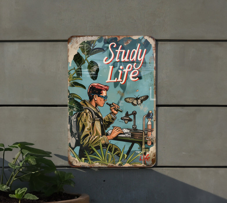 a sign on the side of a building that says study life