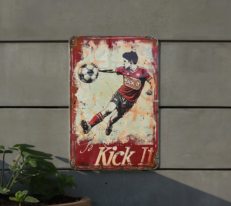 a painting of a man kicking a soccer ball