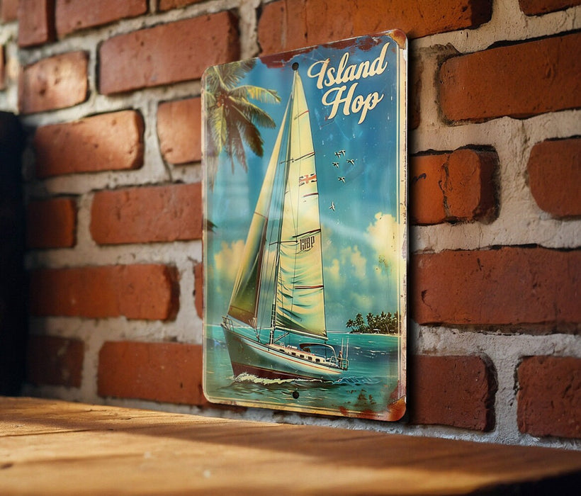 a picture of a sailboat hanging on a brick wall