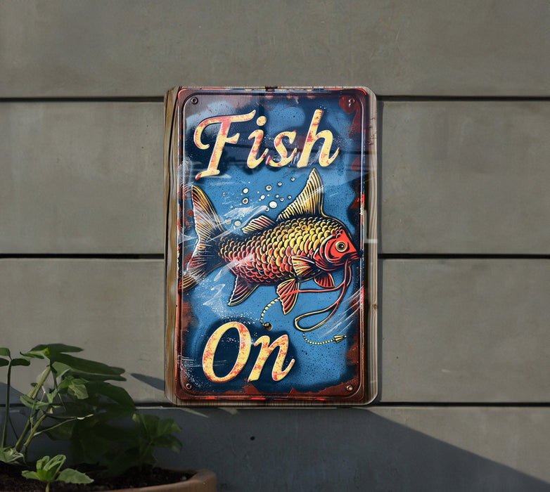 a sign that says fish on on the side of a building