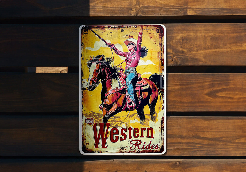 a western ride sign on a wooden wall