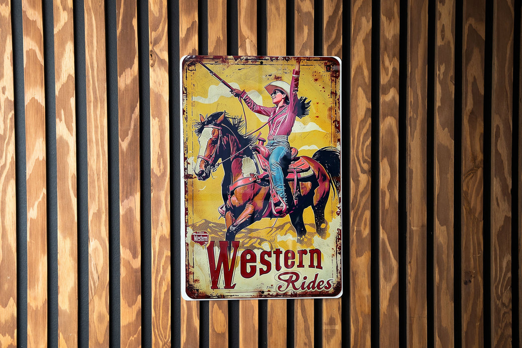 a western rodeo sign hanging on a wooden wall