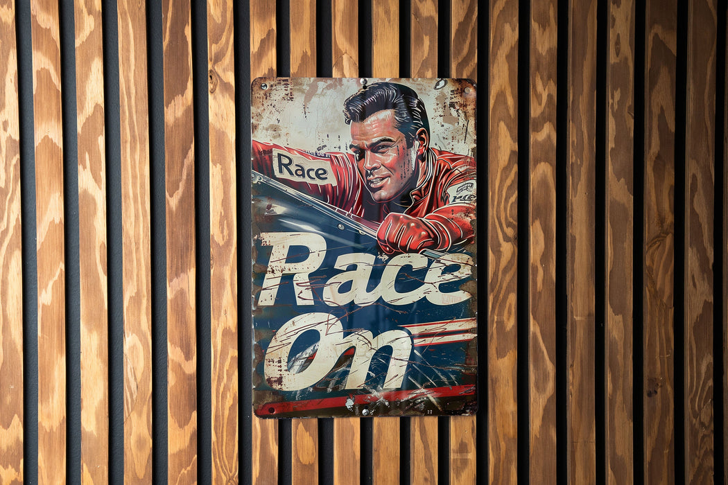 a vintage race on sign hanging on a wooden wall
